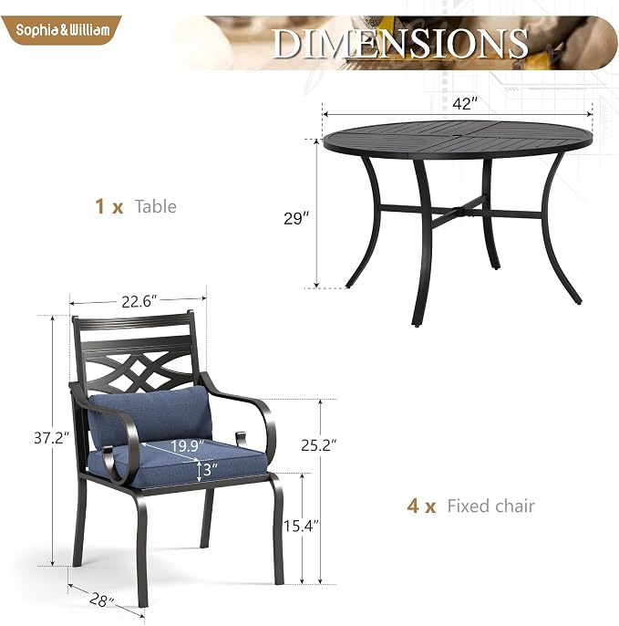 Sophia & William Patio Dining Set, Steel, Black | Umbrella Hole, E-Coated, Cushions Included, For Patio, Garden and Yard