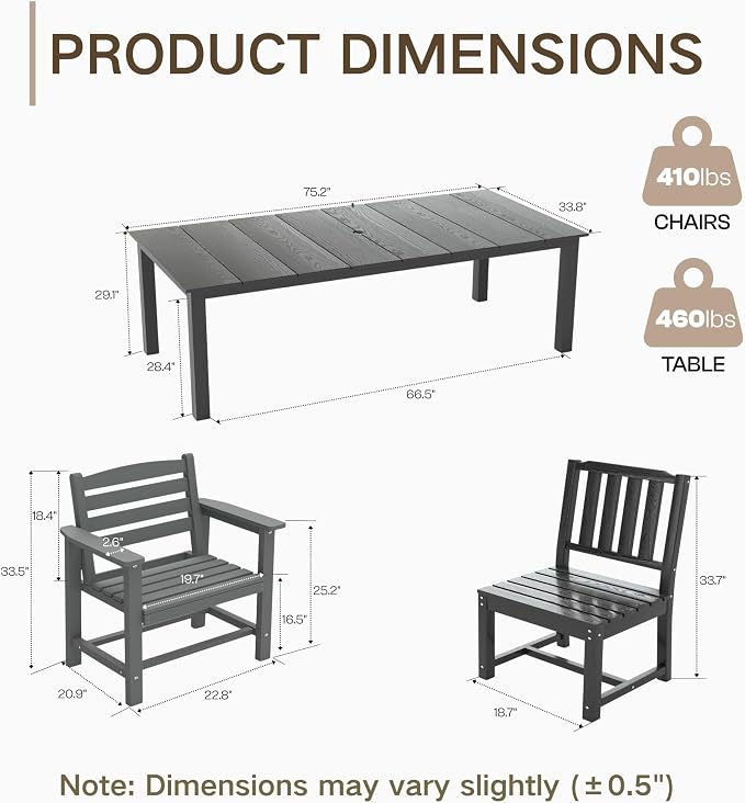 Kingdura 7 Piece Patio Dining Set for 6, 75.2'' HDPE Outdoor Dining Table Set with 2" Umbrella Hole, Weather-Resistant Outdoor Furniture, Table and Chairs Set for Backyard Pool Garden, Grey