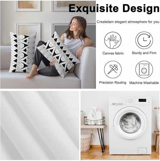 Lumbar Pillow Covers 20x12 Inch Set of 2, Black White Geometric Waterproof Outdoor Pillow Covers, Vintage Art Striped Decorative Cushion Pillowcases for Couch, Sofa, Bed, Garden, Patio