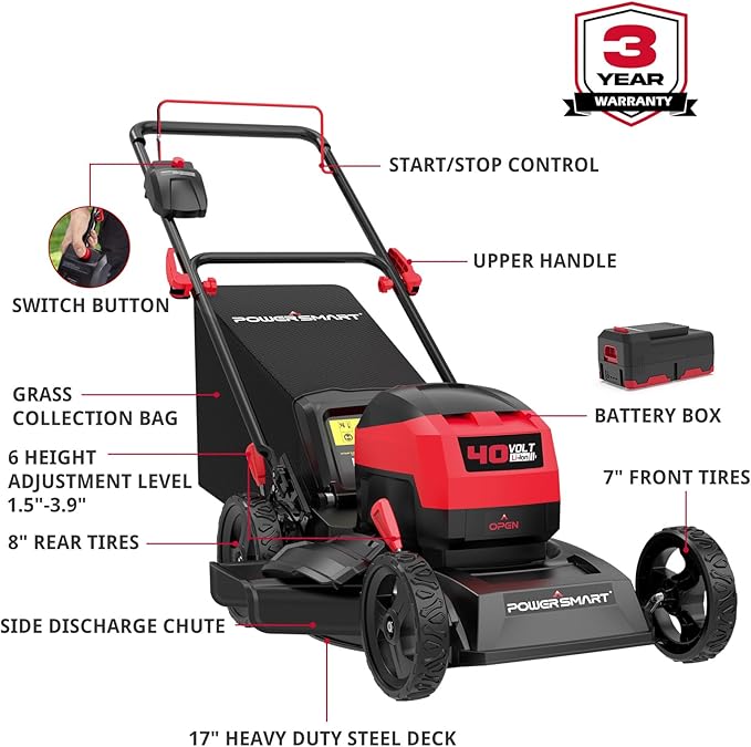 PowerSmart Electric Cordless Lawn Mower 17" 40V, 3-in-1 Brushless Push Lawn Mower, Lightweight, Foldable Handles