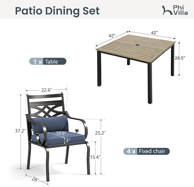 PHI VILLA Patio Dining Set, Square Metal Table | Metal chairs, Blue, Umbrella Hole, Cushions, E-coated