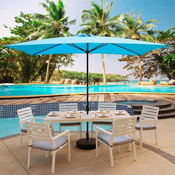 Abble Patio Umbrella, 10 Ft x 6.5 Ft, Aqua Color, Polyester Fabric, Crank Handle, Weather Resistant