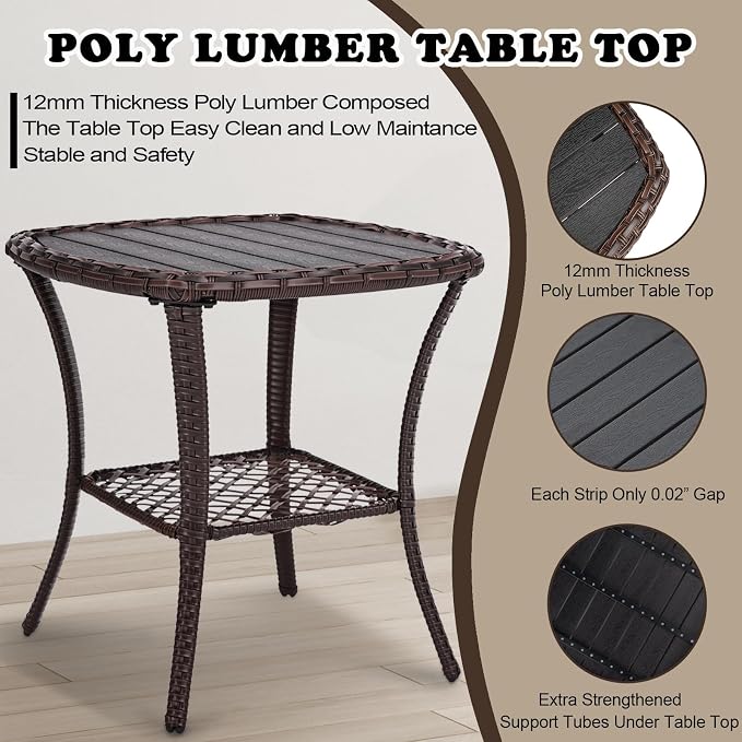 Outdoor Patio Side Table Small Brown Wicker Rattan End Table for Outside Storage Coffee Table with Poly Lumber Table Top for Garden Lawn Pool Porch Deck