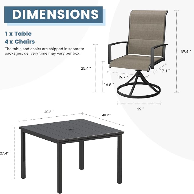 DIFY 5 Piece Outdoor Patio Dining Set for 4, 40.2" Black Square Metal Dining Table and Swivel Patio Chairs with Brown Padded Textilene, All-Weather Outdoor Furniture Set for Garden Backyard Porch