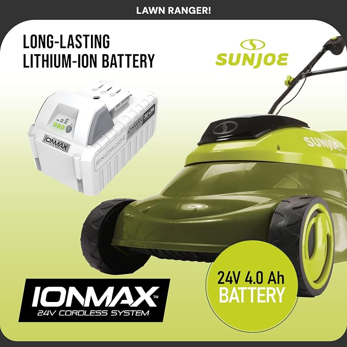 Sun Joe Walk-Behind Cordless Push Lawn Mower with 14-Inch Cutting Width, Brushless Motor, Rechargeable 4 Amp Battery and Charger, Green, 24V-MJ14C