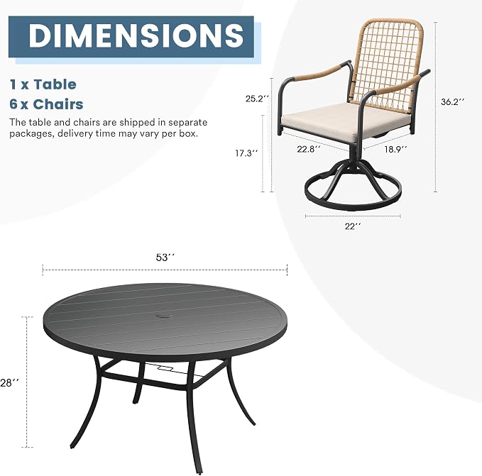 DIFY 7 Pieces Outdoor Dining Set for 6, 53" Round Dining Table with Umbrella Hole & Wicker Swivel Patio Chairs with Cushions, Metal Patio Table and Chairs Set for Backyard Porch Garden, Black