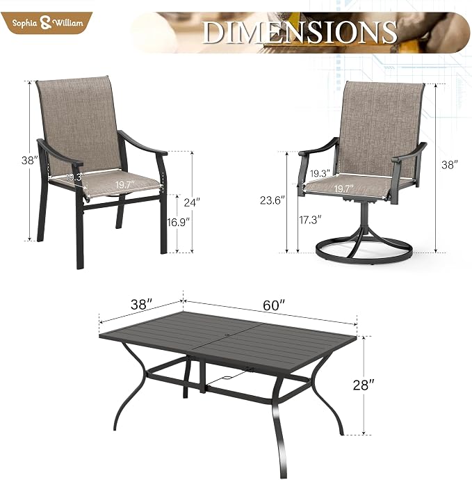 Sophia & William Patio Dining Set 7 Pieces, 4 x Patio Dining Chairs and 2 x Swivel Dining Chairs, 60" Outdoor Dining Table and Chairs for Lawn, Park