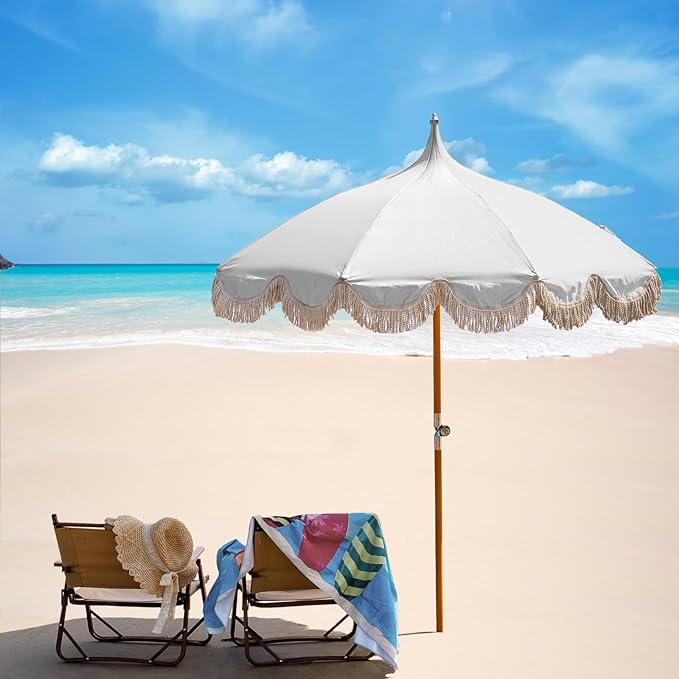 6.5ft Pagoda Beach Umbrella with Fringe, UPF 50+ Boho Umbrellas with Carry Bag, Premium Wood Pole Foldable Tassel Umbrella for Outdoor Garden Lawn Pool Yard Table