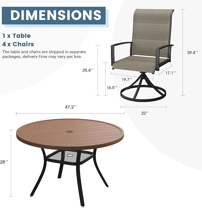DIFY 5 Piece Outdoor Patio Dining Set for 4, 47.2" Walnut Round Metal Dining Table and Swivel Patio Chairs with Brown Padded Textilene, All-Weather Outdoor Furniture Set for Garden Backyard Porch