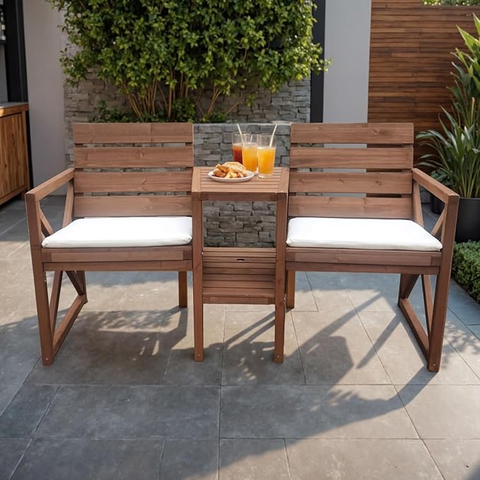 Hanover 33.5" x 27.5" Wood Outdoor Conversation Set with Two Seats, Table, and Umbrella