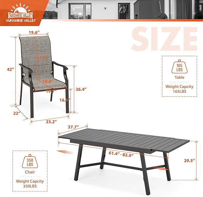 SUNSHINE VALLEY 7 Piece Outdoor Dining Set for 6, 61.4"x37.4"x29.5" Rectangular Extendable Dining Table and 6 Textilene Patio Dining Chairs Outdoor Table and Chairs for Patio Lawn Garden Deck Backyard