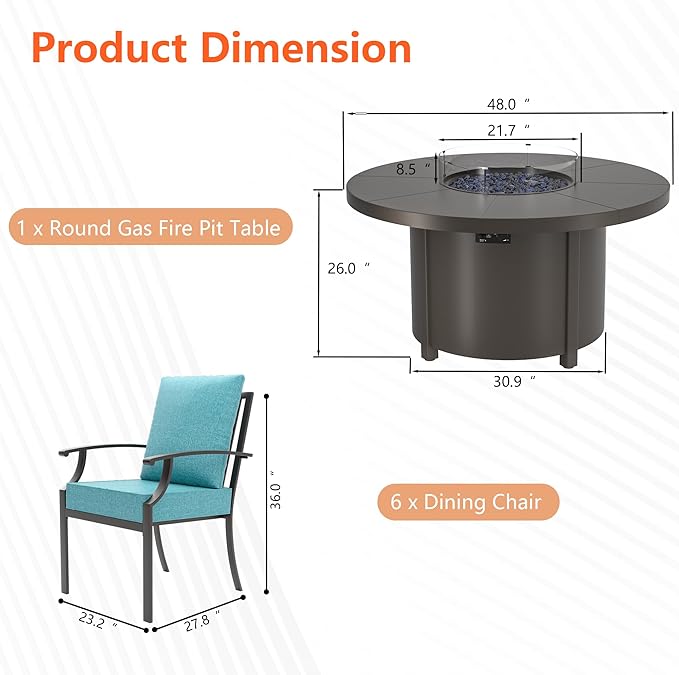 7 Pieces Outdoor Patio Furniture Set with 48" Round Propane Fire Pit Table,Patio Dining Set Outdoor Conversation Sets 6 Chairs for Deck,Backyard and Garden,Blue