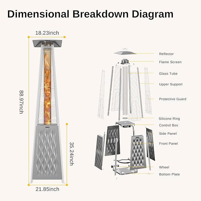EAST OAK Pyramid Patio Heater, 48,000 BTU Outdoor Patio Heater All Stainless Steel, Quartz Glass Tube Propane Heater, Triple Protection System, With Wheels, Outdoor Heater for Commercial & Residential