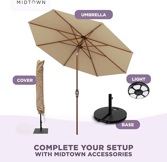 Midtown Umbrellas Wooden 2-8 Ft Patio Umbrella with 360° Swivel & Tilt Mechanism, 8 Fiberglass Ribs & Sunbrella Fabric - Outdoor Umbrella for Deck, Pool & Garden - Burgundy Canopy, Wooden Pole