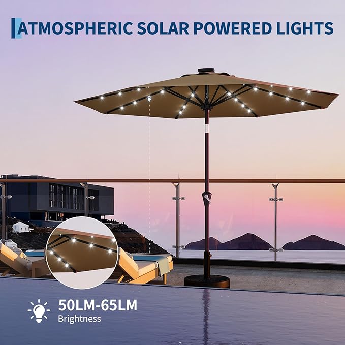 Garvee 9FT Solar Patio Umbrella with 32 LED Lights - Outdoor Table Umbrella with Crank Lift, Push Button Tilt and 8 Sturdy Ribs - Market Umbrella UV Protection for Pool, Deck, Yard, Garden -Tan