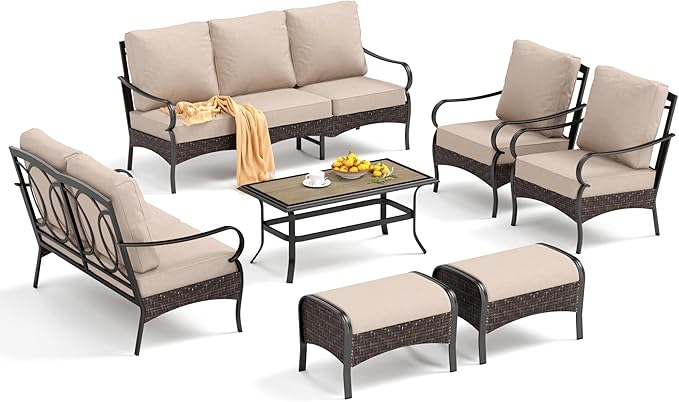 PHI VILLA Extra Large Outdoor Modern Patio Furniture Set, Upgraded Wicker & Metal Patio Conversation Set with Waterproof Thick Cushions for Porch, Poolside, Yard(7 Pieces,Beige)