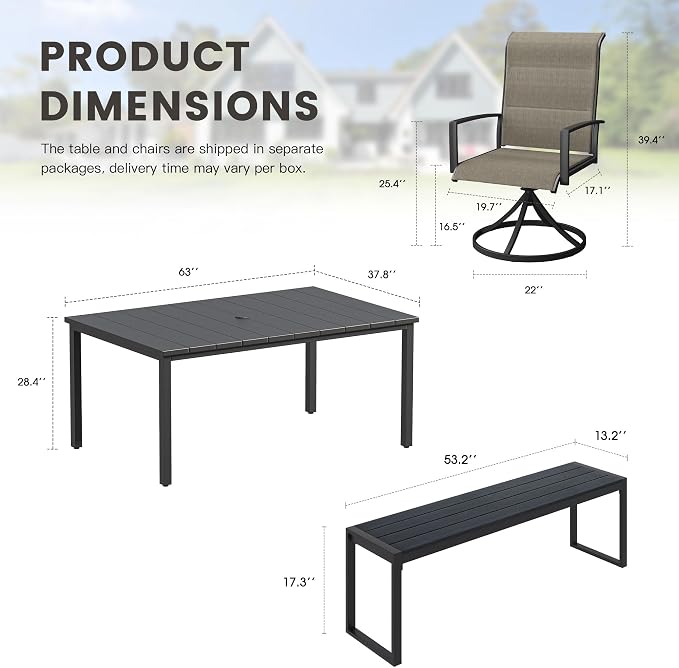 6 Pieces Outdoor Dining Set, Patio Table and Chairs Set with 53" Garden Bench for 6-7 People, 63" Outdoor Dining Table and Padded Swivel Patio Chairs for Deck Backyard, Mixed Brown and Black
