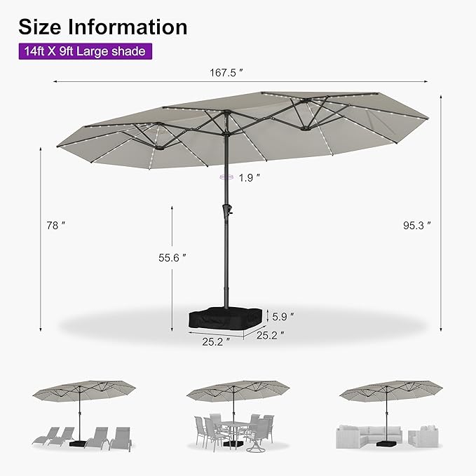 PURPLE LEAF 14ft Patio Umbrella with Solar Lights Outdoor Double-Sided Market Umbrella with Base Included Rectangle Table Umbrella for Pool Garden Backyard, Cream