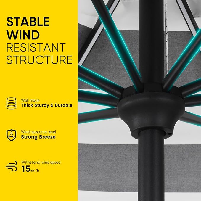 Tempera Solar Patio Umbrella 40 LED Lighted Outdoor Umbrella Table Market Umbrella with Push Button Tilt and Crank, Solar Umbrella with Sturdy Pole&Fade Resistant Canopy, Easy to Set