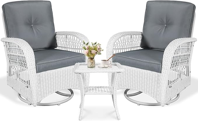 VIVIJASON 3 Piece Patio Wicker Swivel Rocker Bistro Set, Outdoor Swivel Rocking Chairs Set of 2 with Glass-Top Side Table, Patio Rattan Furniture Set for Deck Porch Backyard, White/Grey