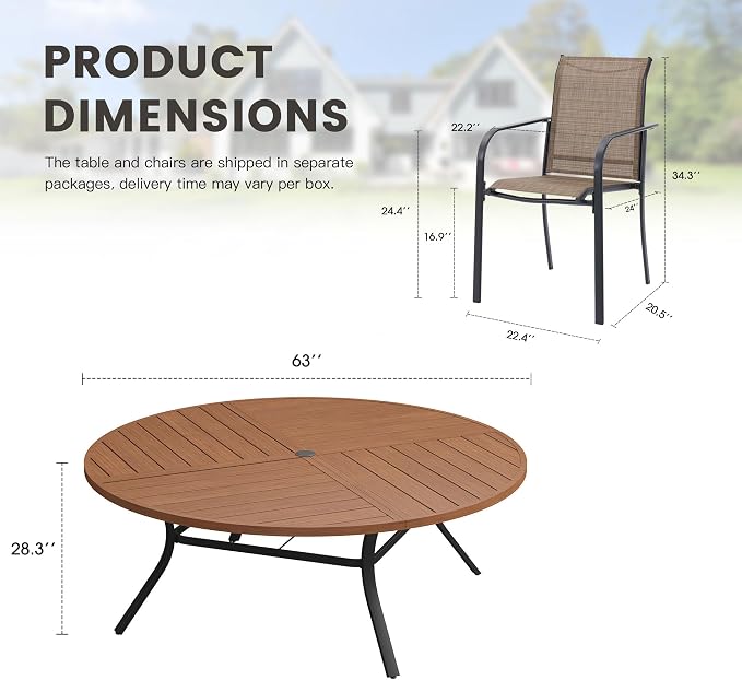 11 Pieces Outdoor Dining Set, Stackable Textilene Paito Chairs & 63.1" Round Dining Table with Umbrella Hole, Patio Dining Set for Backyard, Deck, Garden, Brown & Walnut