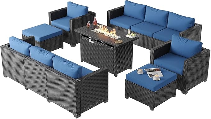 Aoxun 7 Piece Patio Furniture Set with Fire Pit Table, 10 Seats Outdoor Furniture Set with Wicker Ottomans, Rattan Outdoor Sectional Sofa with Thickened Cushion & Waterproof Cover Navy Blue