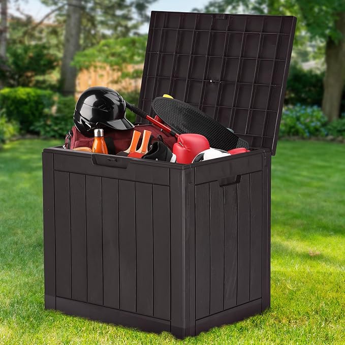 OLIXIS Smug Outdoor Storage Box 31 Gallon Deck Box Waterproof UV Resistant Storage Benches for Patio Porch Garden Durable Plastic Container (Brown)