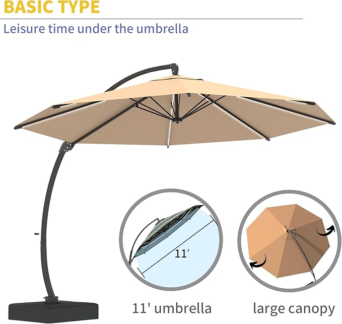 Kingdura 11ft Offset Cantilever Patio Umbrella with Solar Lights, Large Round Outdoor Umbrella with Base Included, Aluminum Frame, 360° Rotation & Infinite Tilt for Deck Pool Backyard, Champagne