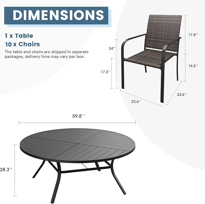 DIFY 11 Piece Outdoor Dining Set for 10, 59.8" Black Round Metal Dining Table with Umbrella Hole and Stackable Wicker Patio Chairs, All-Weather Patio Table and Chairs Set for Deck Garden Backyard