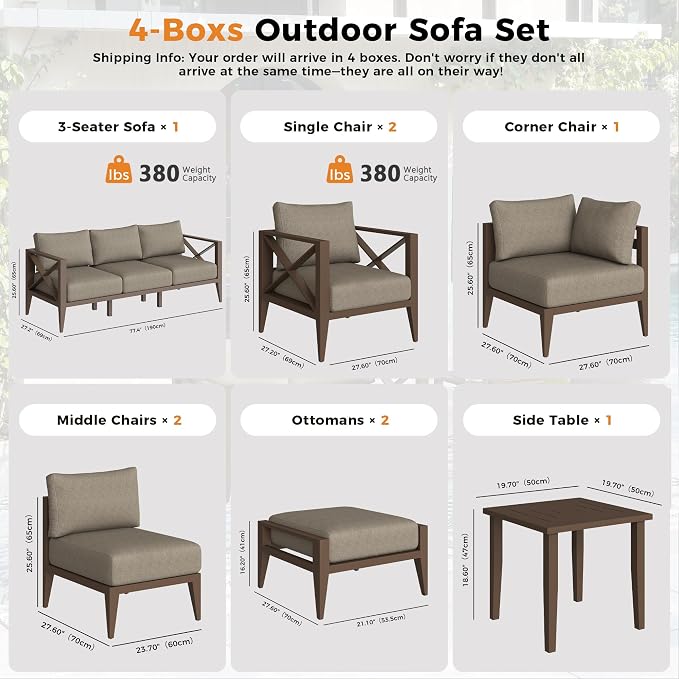 Aluminum Outdoor Patio Furniture Set with 5.2" Thick Cushions, 11-Piece Outdoor Sectional with Ottomans, Patio Conversation Sets for Backyard,(Brown,5 Seats)