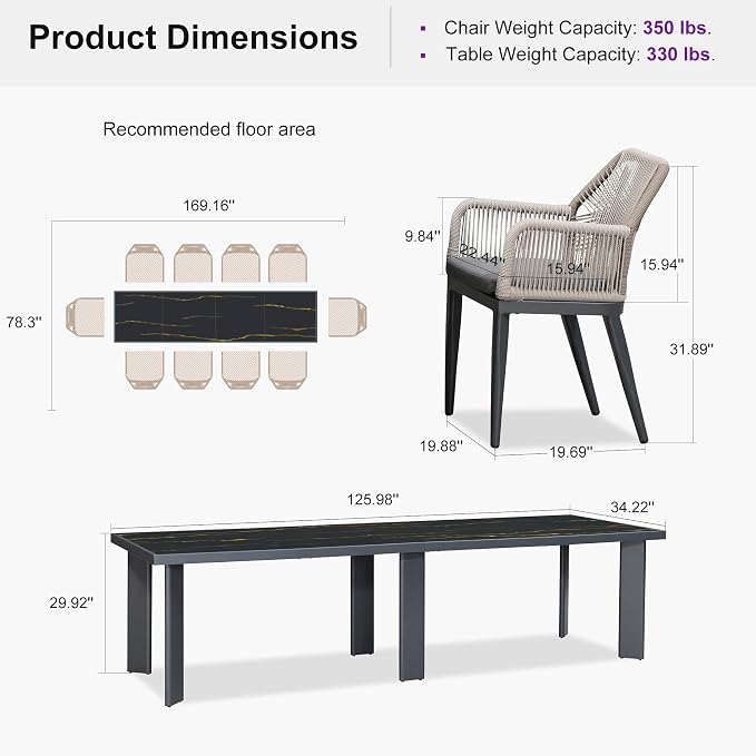 PURPLE LEAF 11 Pieces Patio Dining Set Aluminum Modern Rectangular Table and Rattan Arm Chairs with Cushions for Kitchen Porch Garden Outdoor Furniture Sets, Dark Grey