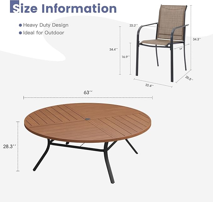 VICLLAX 11 Pieces Round Patio Dining Set, Patio Furniture Set of 10 Patio Stackable Dining Chairs and 63" Outdoor Spliced Tabletop with Umbrella Hole, Brown Chairs and Walnut Table