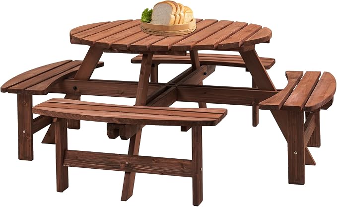 43.3'' Round Outdoor Dining Table Wooden Patio Dining Table & 4 Curved Built-in Bench for 8, 2" Umbrella Hole, Suitable for Backyard Garden Porch, Brown