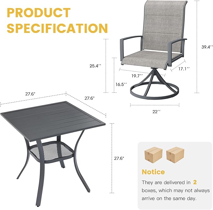 VICLLAX 3 Pieces Small Patio Table and Swivel Chairs for 2, All Weather Patio Dining Set, Walnut Tabletop and Mixed Brown Fabric
