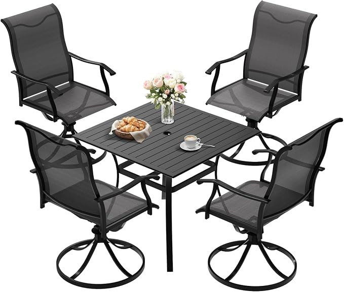 LVUYOYO 5-Piece Outdoor Patio Dining Set, Textilene Swivel Chairs & Square Table Set, All-Weather Table and Chairs Set with Umbrella Hole for Backyard, Garden,Balcony,Porch (Gray)