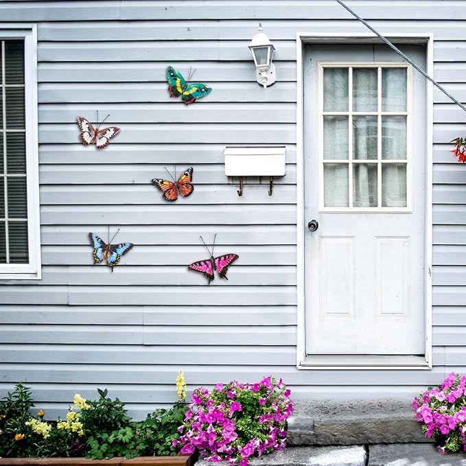 EOORAU Metal Butterfly Wall Decor - 5 Pack Lifelike Butterflies Wall Art Sculpture Hanging Decorations for Indoor or Outdoor, Yard Patio Fence Garden Decoration, Mother's Day Gift