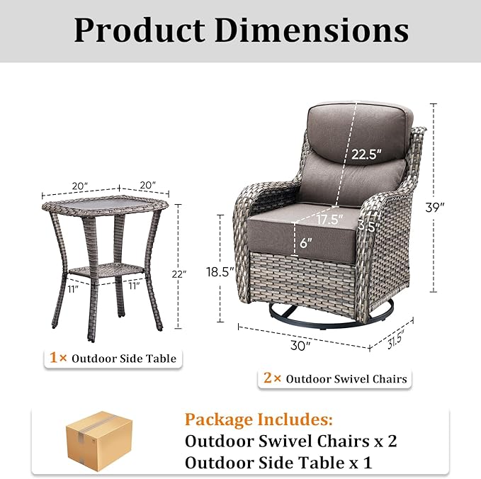 Luxury Outdoor Swivel Rocker Patio Chairs Set of 3, High Back Swivel Patio Chairs with Side Table & 6-Inch Thick Cushions, Wicker Outdoor Bistro Set for Porch, Yard, Deck, Poolside, Grey