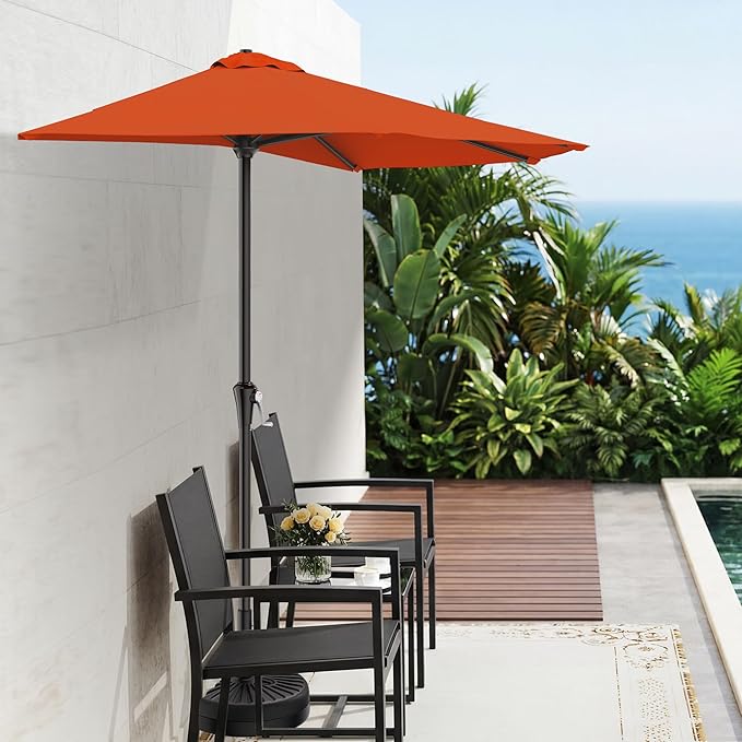 AreShark 9FT Half Patio Umbrella, Outdoor Wall Umbrella with Crank & 5 Sturdy Ribs, Table 1/2 Umbrella Patio for Garden, Deck, Balcony and Pool, Orange