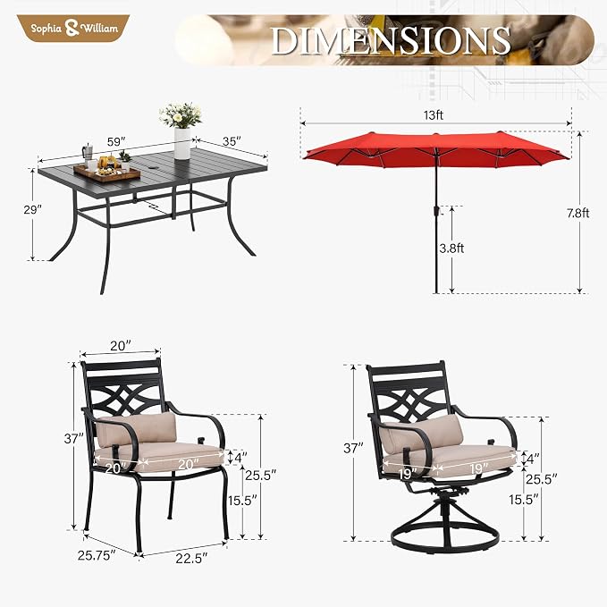 Sophia & William Patio Dining Set, 13ft Umbrella, Swivel Chairs, Black | Seats 6, Cushions