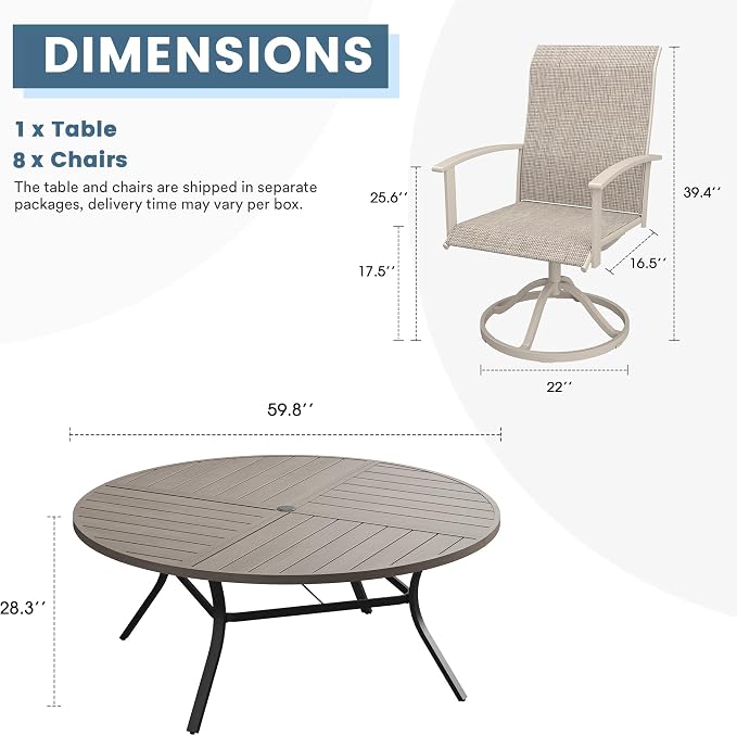 DIFY 9 Pieces Outdoor Dining Set, Metal Patio Table and Chairs Set for 8 with Umbrella Hole, 59.8" Grey Wood-Like Round Table and Sandshell Textilene Swivel Patio Chairs for Garden, Backyard, Poolside