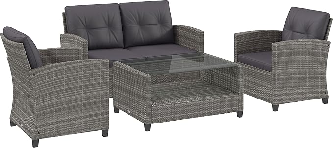 Outsunny 4 Pieces Patio Furniture Sets with Cushions, PE Rattan Wicker Conversation Chairs with Two-Tier Coffee Table for Backyard Porch Garden Poolside and Deck, Gray
