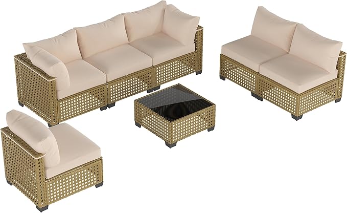 7 Pieces Patio Furniture Sets, Outdoor Furniture Patio Conversation Set, All Weather PE Rattan Sectional Sofa with Cushions and Black Glass Table (Yellow-White,7 Pieces-S)