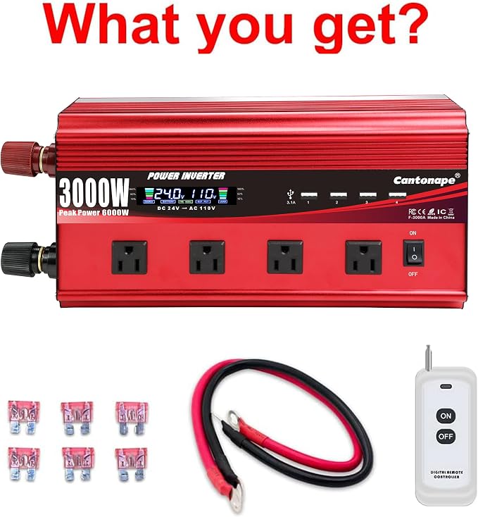 Cantonape 3000W Power Inverter 24V to 110V/120V DC to AC with LCD Display, Remote Controller 4 x AC Outlets and 4 x 3.1A USB Car Adapter for Car Truck Boat RV Solar System