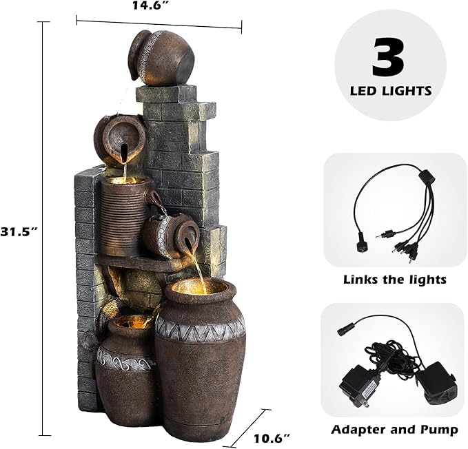 Grepatio 6 Tier Garden Water Fountain, Outdoor Waterfalls with LED Lights, Indoor/Outdoor Modern Floor Standing Garden Water Fountain for Garden, Patio, House Decor (10.6"(L) x 14.6"(W) x 31.5"(H))