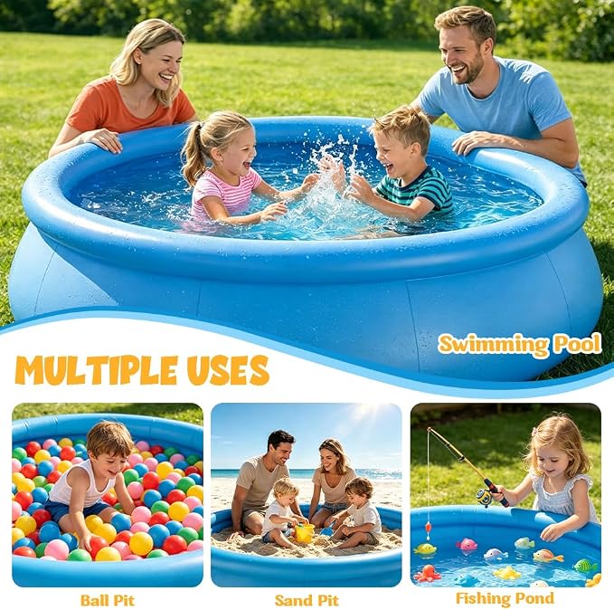8FT x 30IN Inflatable Swimming Pool for Family - Large Round Blow Up Backyard Pool with Repair Patches & Accessories, Heavy-Duty Summer Water Party Favor