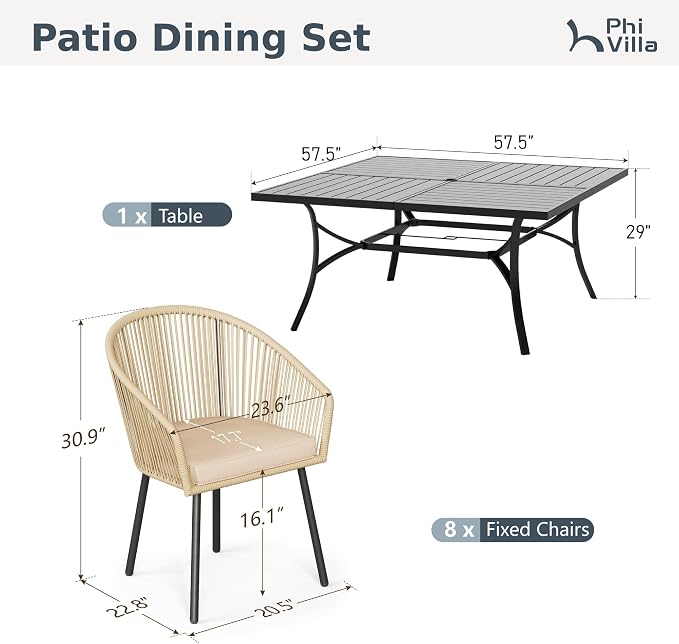 PHI VILLA 9-Piece Patio Dining Set, 57" Square Table, Wicker Chairs | Outdoor dining set for 8, Metal table with umbrella hole, Cushioned brown wicker chairs. Modern design for patio, deck, porch