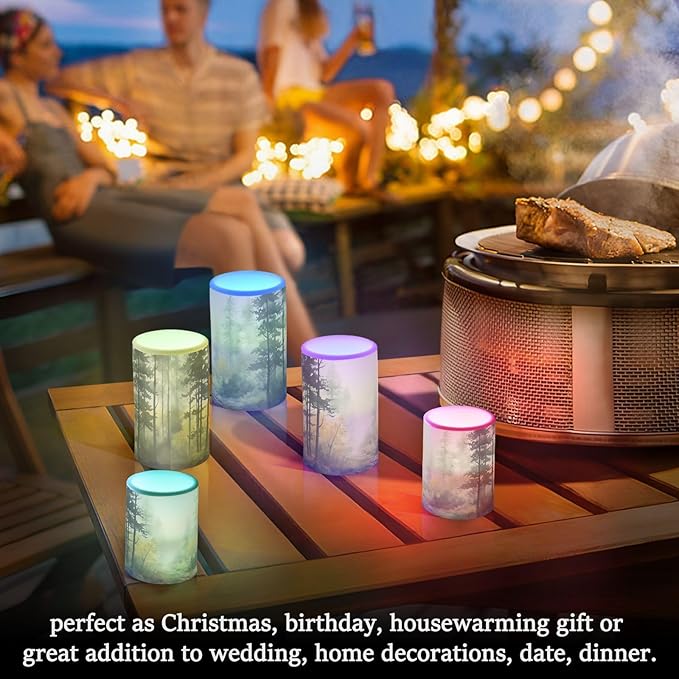 Watercolor Forest Pattern Flameless Candles Color Changing LED Candles with Remote Control Battery Candles for Outdoor and Indoor Home and Room Decoration, 3'' x 4''/5'' Set of 2 Pieces