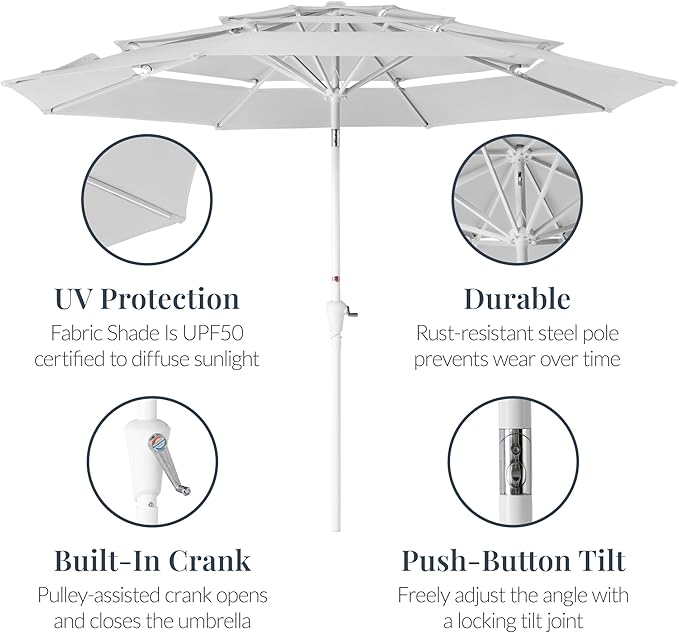 Best Choice Products 10ft 3-Tier Patio Umbrella White Pole, Outdoor Market Umbrella with Push Button Tilt and Crank Lift, Steel Pole Umbrella for Backyard Patio Pool Outdoor Shade
