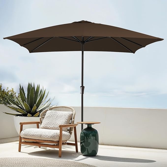 JEAREY 8x10 ft Rectangular Patio Umbrellas Outdoor Table Market Umbrella w/Crank, 8 Sturdy Ribs, UV Protection Windproof Sunproof for Garden, Deck, Backyard, Pool(Brown)