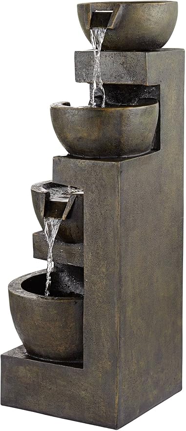 Four Bowl 42" High Large Modern Indoor Outdoor Decor Gray Faux Stone Floor Fountain with Light LED Waterfall Cascading Standing Water Feature for Outside Garden Patio Yard Backyard - John Timberland